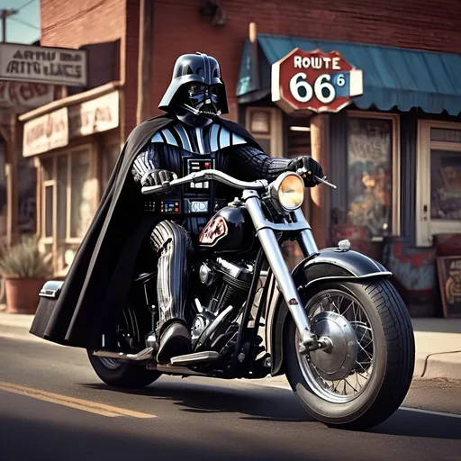 Prompt: medium shot photography, elegant. Darth Vader character Riding Route 66 on a vintage black matte Harley. Retro style image. Fantasy, Wide Angle, Bright Color Painting, Intense Colors, HDR, Arthur Rackham, Dr. Seuss, Norman Rockwell, Digital Illustration, Watercolor, Trending on Artstation, Sharp Focus, Studio Photography, Intricate Details, Highly Detailed. by greg rutkowski
