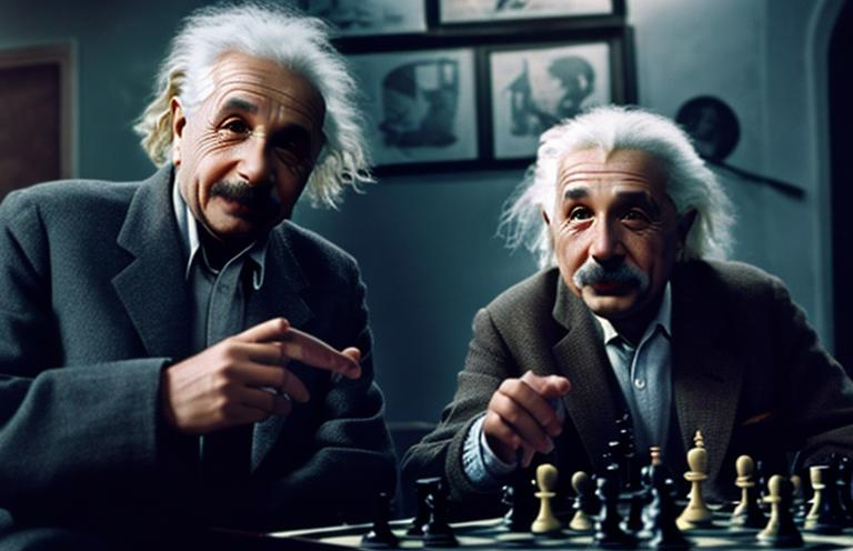 Prompt: Einstein is a robot playing chess and backgammon, and the king dies and flies off the table