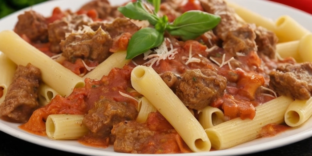 Prompt: chicken and lamb Riggies. make it realistic, not fake make sure the pastas look cooked and droopy 