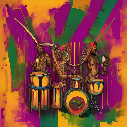 Prompt: Album cover, abstract Balkan drums and African drums, purple, green, gold and red