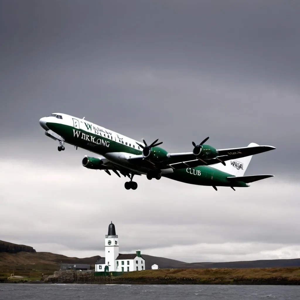 Prompt: Airplane named WhiskyClub.it over Laphroaig distillery