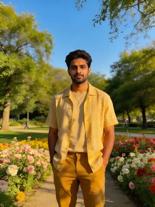 Prompt: full body shot front view of Photorealistic art style JamalBhuyan face to viewer, background is a suitable beautiful scene