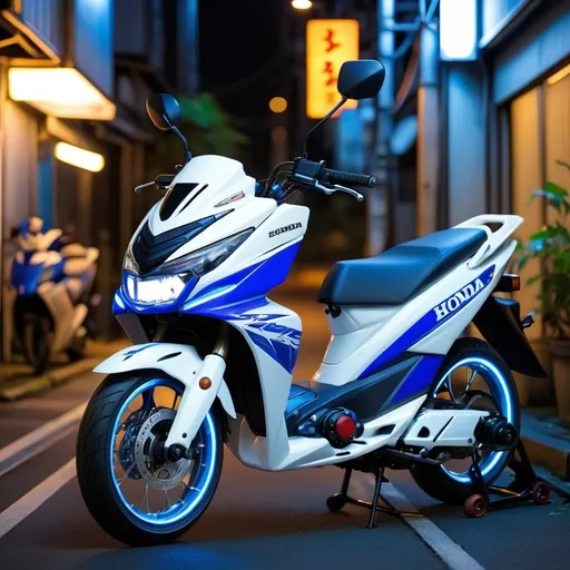 Prompt: 4k quality white lembayung blue honda vario kzr 125, tuning, body kit, lowered, in tokyo at night,blue neon light