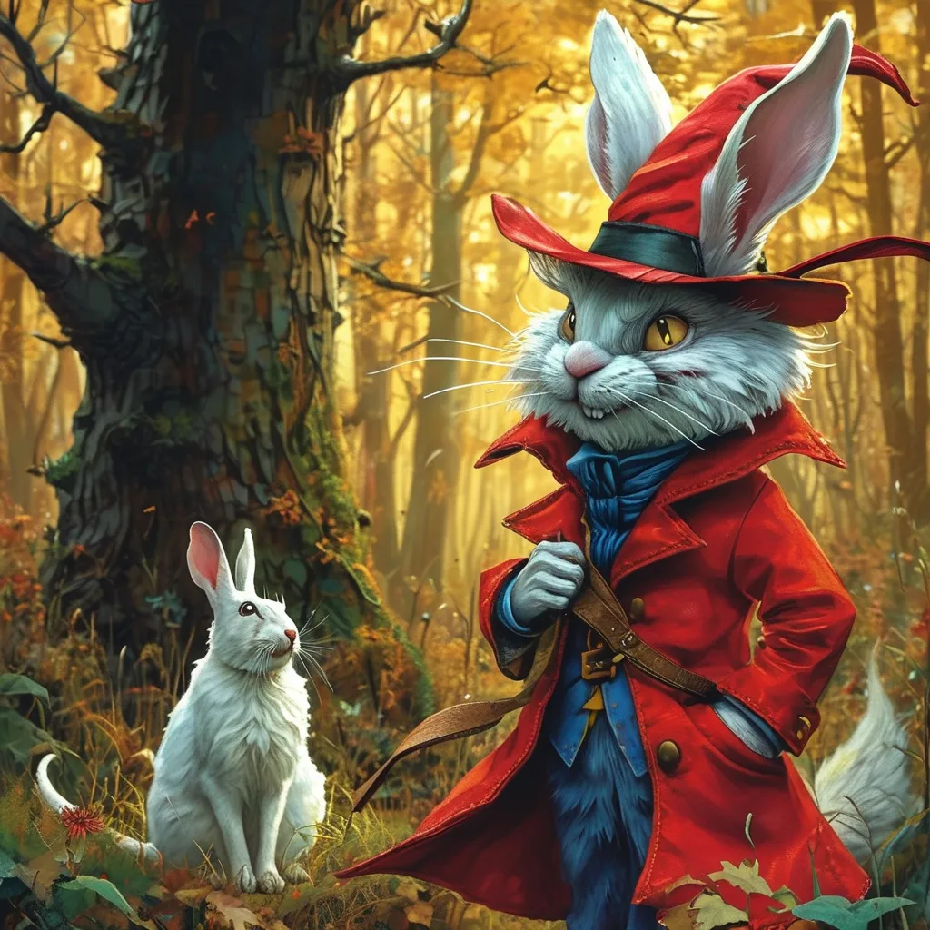 Prompt: Easy essay of Detailed comic book style of Alicia on wonderland ,the Magic cat on the tree and the White rabbit about half size on Alice and wearing a magician hat and red leather jacket in a lazy pose at the right side of Alice in a colourfull forest