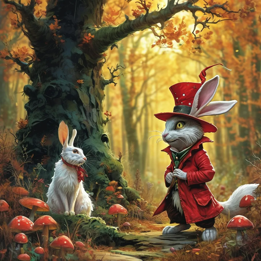 Prompt: Easy essay of Detailed comic book style of Alicia on wonderland ,the Magic cat on the tree and the White rabbit about half size on Alice and wearing a magician hat and red leather jacket in a lazy pose at the right side of Alice in a colourfull forest