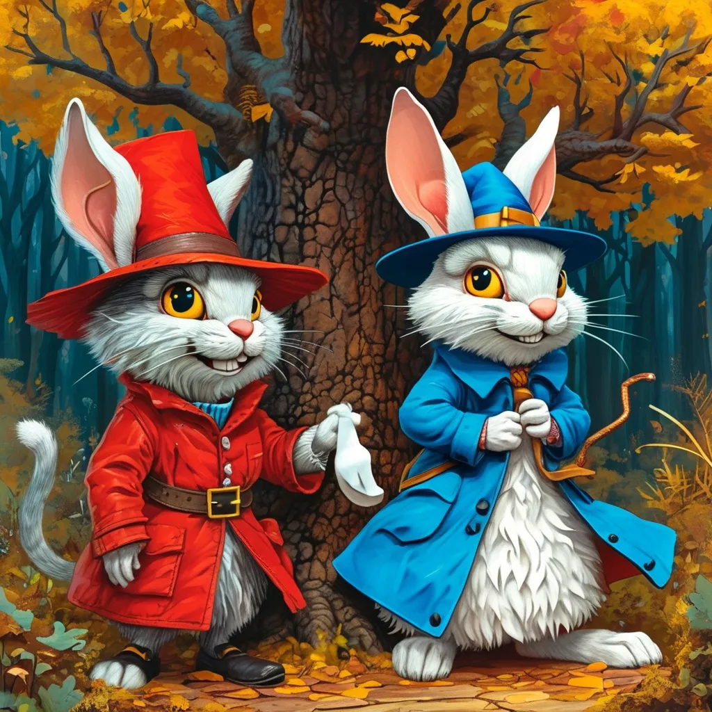 Prompt: Easy essay of Detailed comic book style of Alicia on wonderland ,the Magic cat on the tree and the White rabbit about half size on Alice and wearing a magician hat and red leather jacket in a lazy pose at the right side of Alice in a colourfull forest