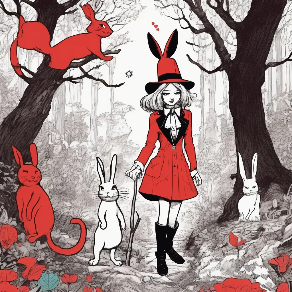 Prompt: Easy essay of Detailed comic book style of Alicia on wonderland ,the Magic cat on the tree and the White rabbit about half size on Alice and wearing a magician hat and red leather jacket in a lazy pose at the right side of Alice in a colourfull forest