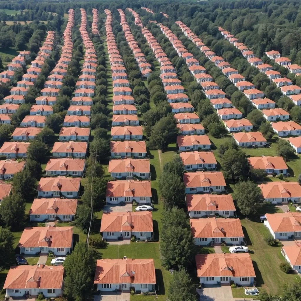 Prompt: rows of identical houses 
