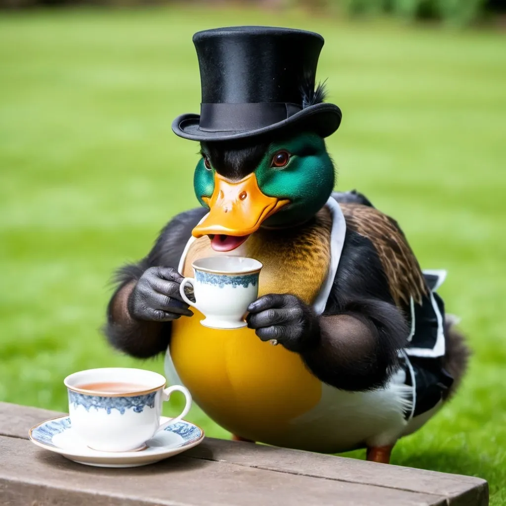 Prompt: a British duck wearing a top hat drinking tea and playing a game called gorilla tag