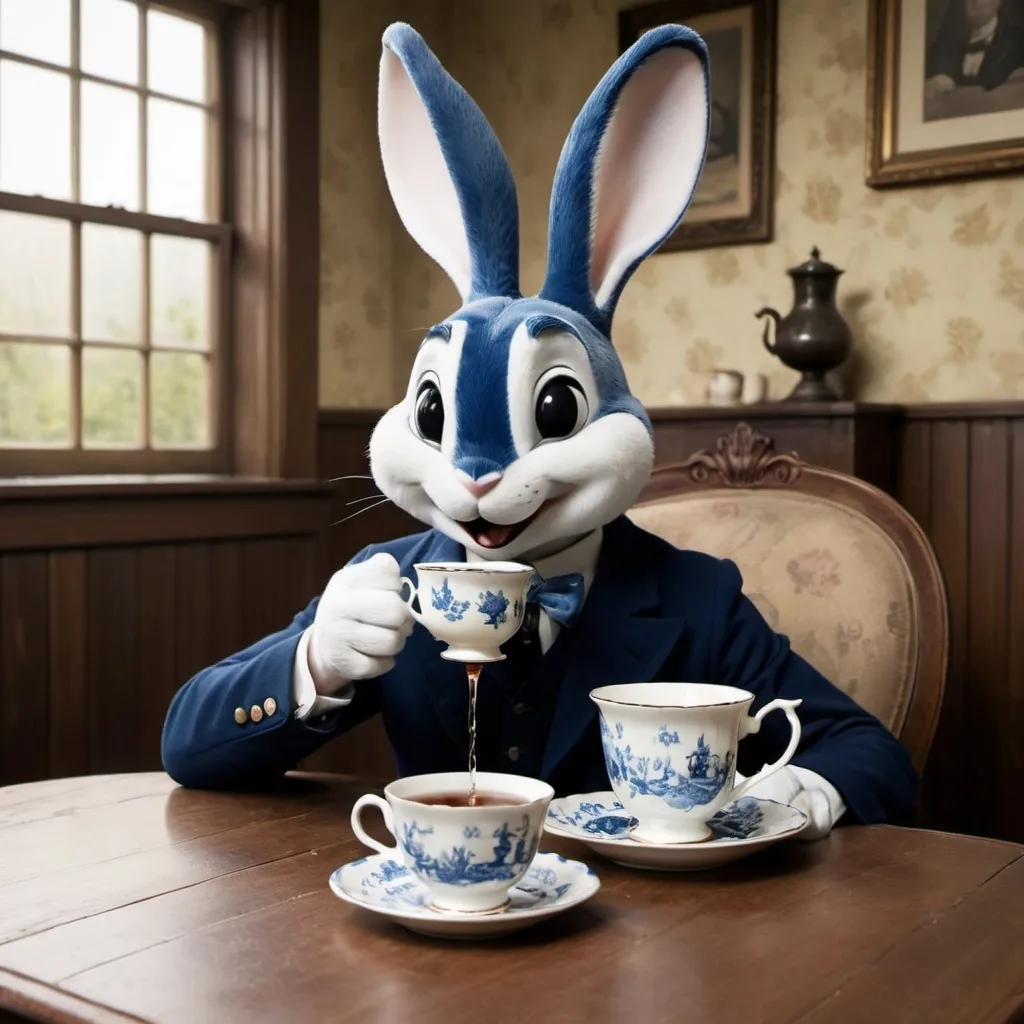 Prompt: a British oswald the lucky rabbit drinking tea
