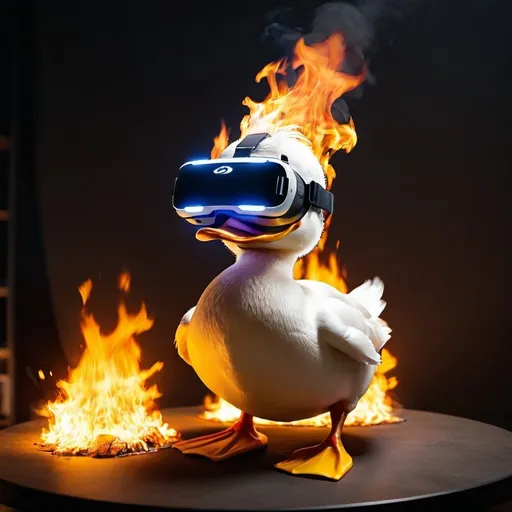 Prompt: a duck on fire playing a really fun game on his vr