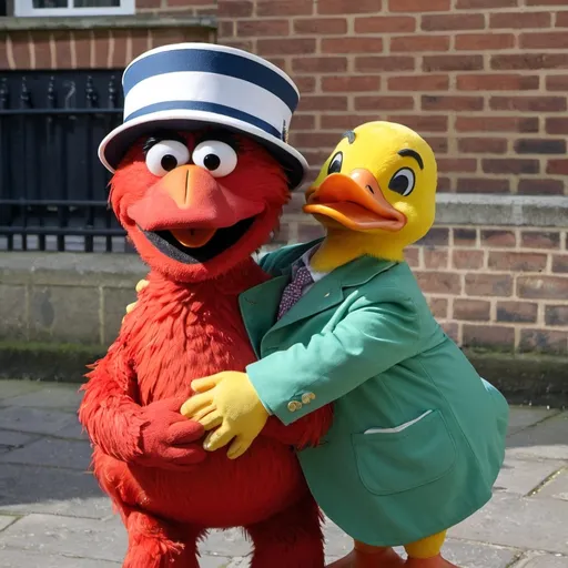 Prompt: Elmo hugging a British duck