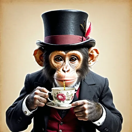 Prompt: a monkey drink tea and wearing a tophat
