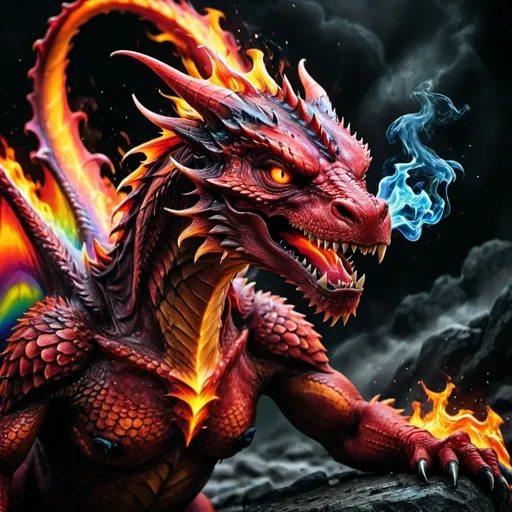 Prompt: a red dragon spitting rainbow fire at you