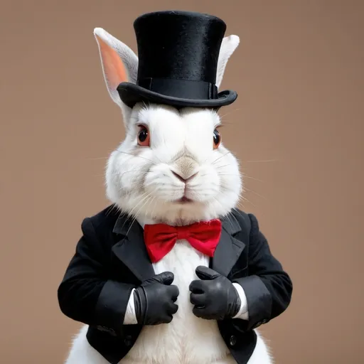 Prompt: a rabbit wearing a top hat and wearing gloves


