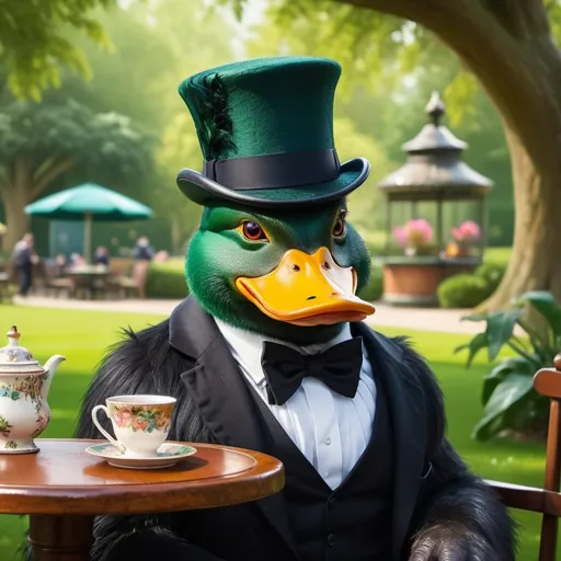 Prompt: a British duck wearing a top hat drinking tea and playing a game called gorilla tag