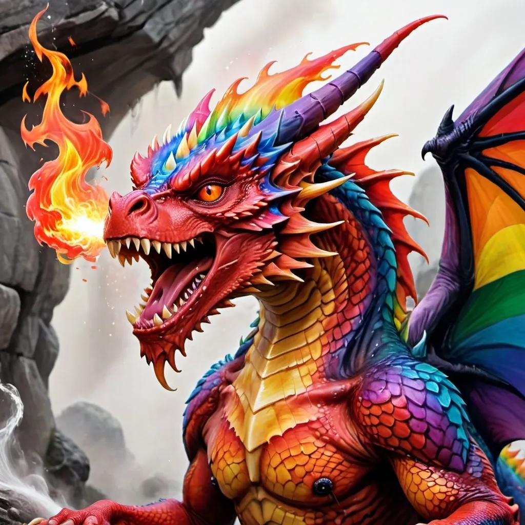 Prompt: a red dragon spitting rainbow fire at you