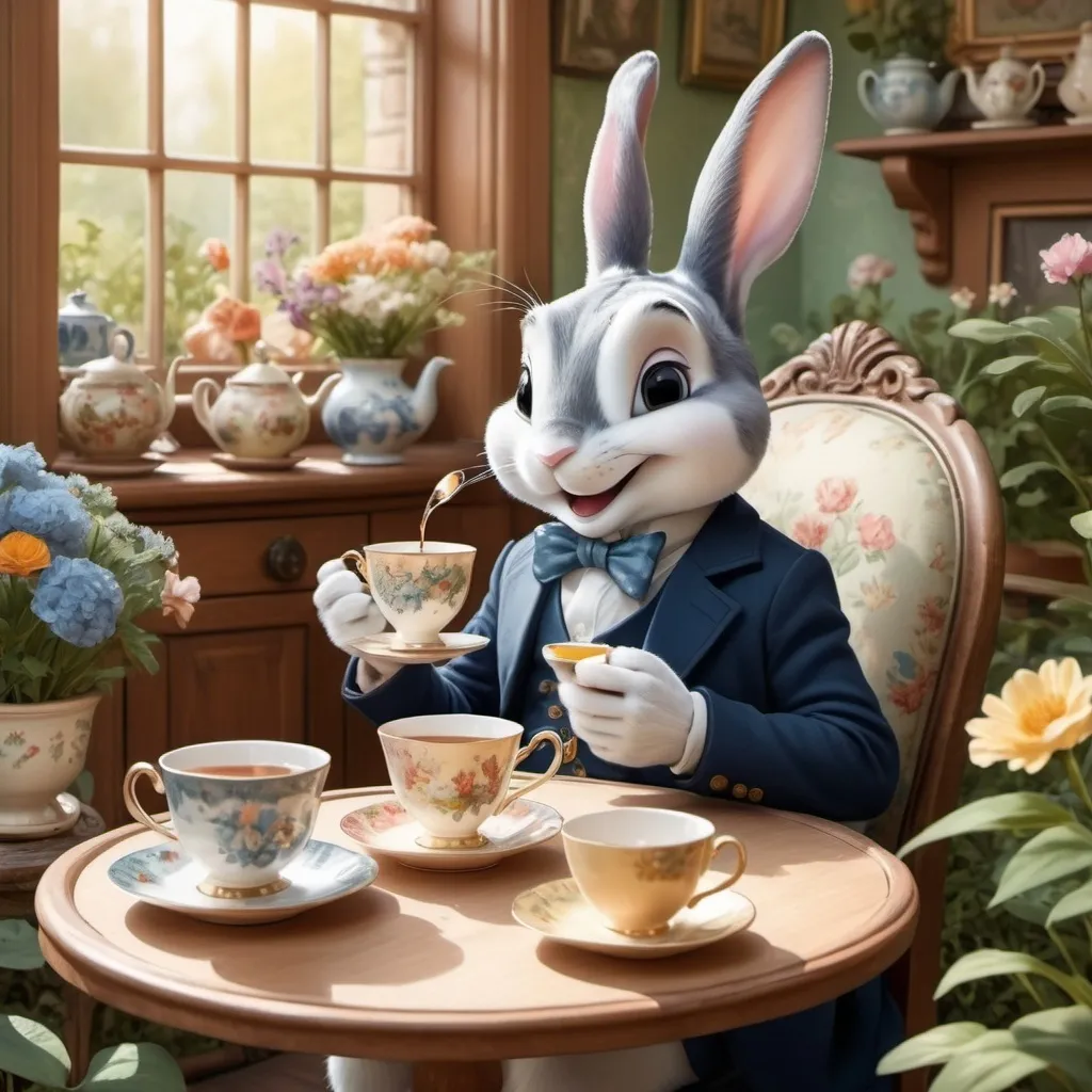 Prompt: a British oswald the lucky rabbit drinking tea
