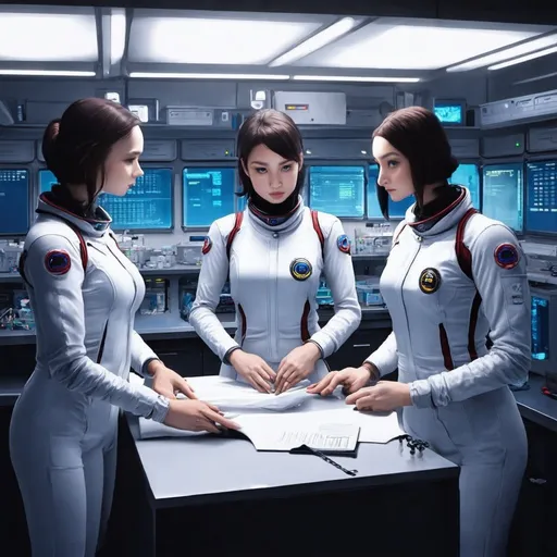 Prompt: 3 female spacesoldiers in a scifi lab getting reprogrammed - PLAN DO CHECK ACT 
