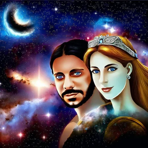 Prompt: Male and female Greek Gods, galaxy, stars, nebulas, Acropolis background, location ancient Greece