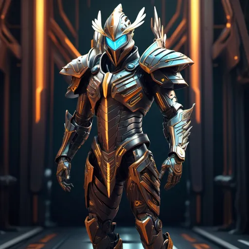 Prompt: (3D image of a Male Plume Monarch or Arrow God), futuristic design, dynamic pose, intricate mechanical armor, combining organic and mechanical elements, vibrant but dark color palette, metallic tones, ambient lighting, (detailed textures), with a visually striking background of a sci-fi environment, engaging and immersive, trending on artstation, ultra-detailed, captivating game character concept.