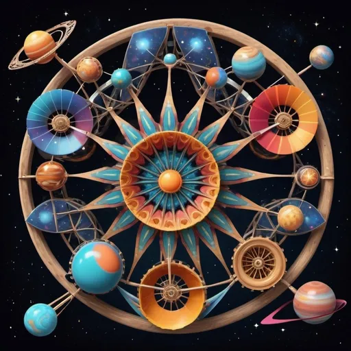 Prompt: a set of wheels with spokes intertwined like a fractal flower in the sky with many colorful planets and space kites 