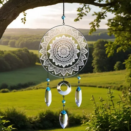 Prompt: Mandala crystal windchime over countryside

