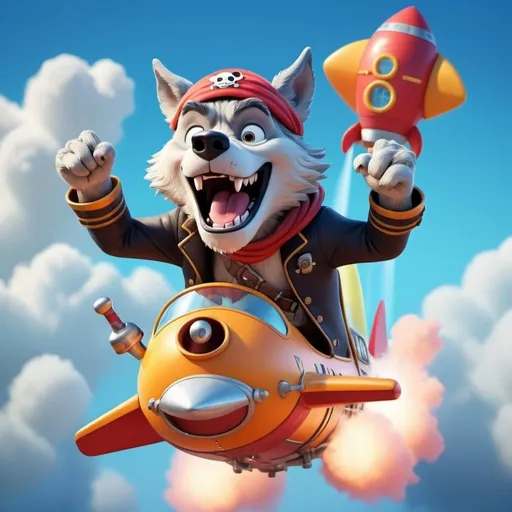 Prompt: Disney pixar style, 3d render style, wolf pirate evil laugh in a rocket ship taking off, cinematic colors. The background should be a clear blue sky with a few clouds. Make the scene vibrant and dynamic.