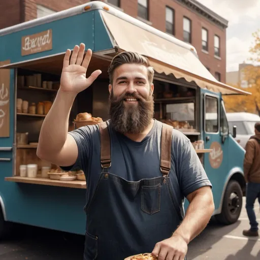 Prompt: Bearded man waving, heavy spread food truck, urban setting, warm natural lighting, detailed facial features, street food vibes, realistic rendering, warm tones, nostalgic atmosphere, high quality, detailed hands, urban, food truck, realistic, warm lighting, nostalgic, detailed facial features, bearded, waving, heartfelt