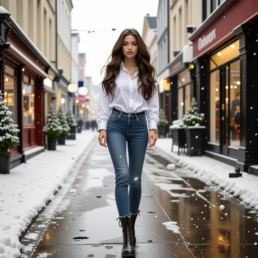 Prompt: A beautiful young woman long brown hair brown eyes Dark blue jeans black boots gold anklet White button shirt gold necklace gold hearings walking through a snow covered German shopping high street grey skies, busy streets, lights slight snowfall, overcast weather 