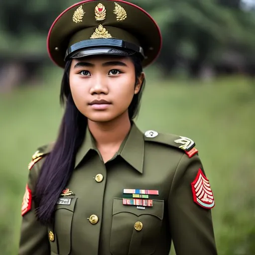 Prompt: indonesian teenage girl in an army uniform

