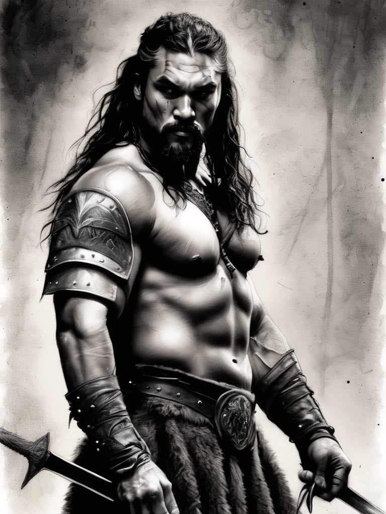 Prompt: Master illustration of barbarian warrior Jason Momoa, armor leather and studs, twin swords, on light grey medium texture multi purpose paper. Luis Royo art, black charcoal, white charcoal pencil detail texture