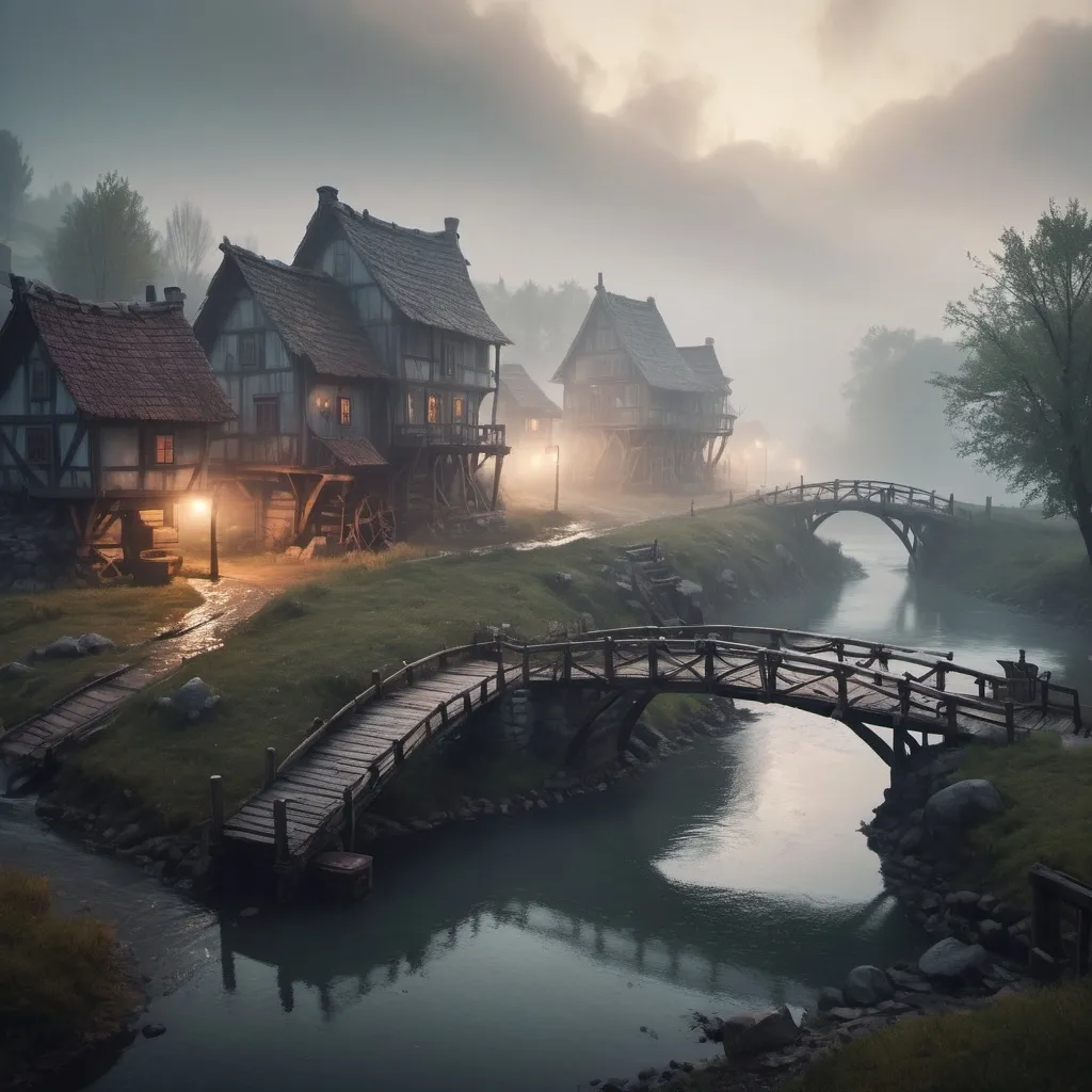 Prompt: small settlement, foggy, bridge and river, dramatic fantasy settlement scene, cinematic lighting