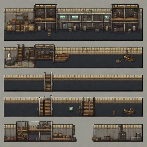 Prompt: 32bit (video game) tileset:2 [(industrial postapocalyptic (ship) docks interior) pixelart tileset:2, contains enviroment] unity asset, flat:2, (1px Black square outlined)+, steps-213