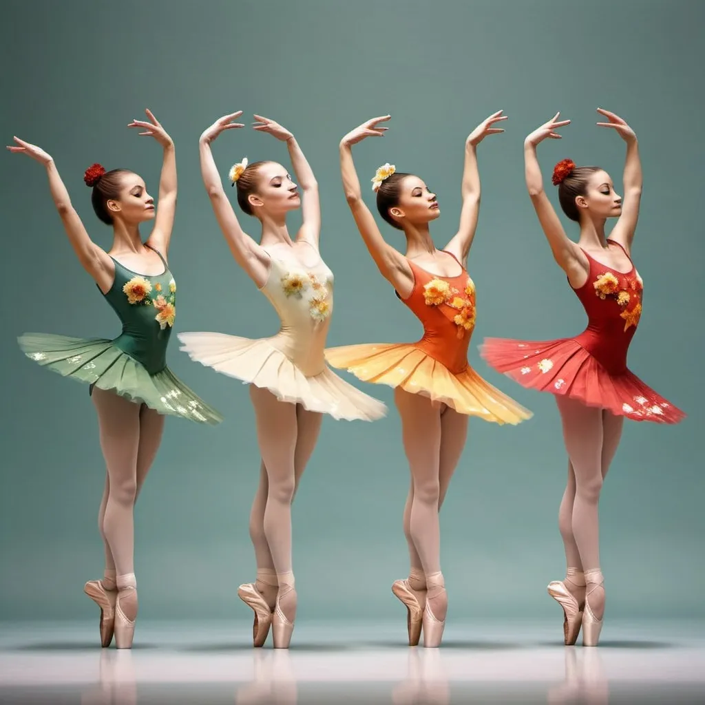 Prompt: Create 4 ballet dancers that represent the 4 seasons of the year. Summer, spring, autumn and winter