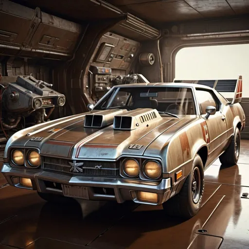 Prompt: X-Wing Starfighter merged with 1970 Oldsmobile 442, realistic digital rendering, metallic sheen, rusty accents, high-detailed, sci-fi, retro-futuristic, intense lighting, sleek design, futuristic technology, aged appearance, professional quality, metallic tones, dynamic composition, dramatic lighting