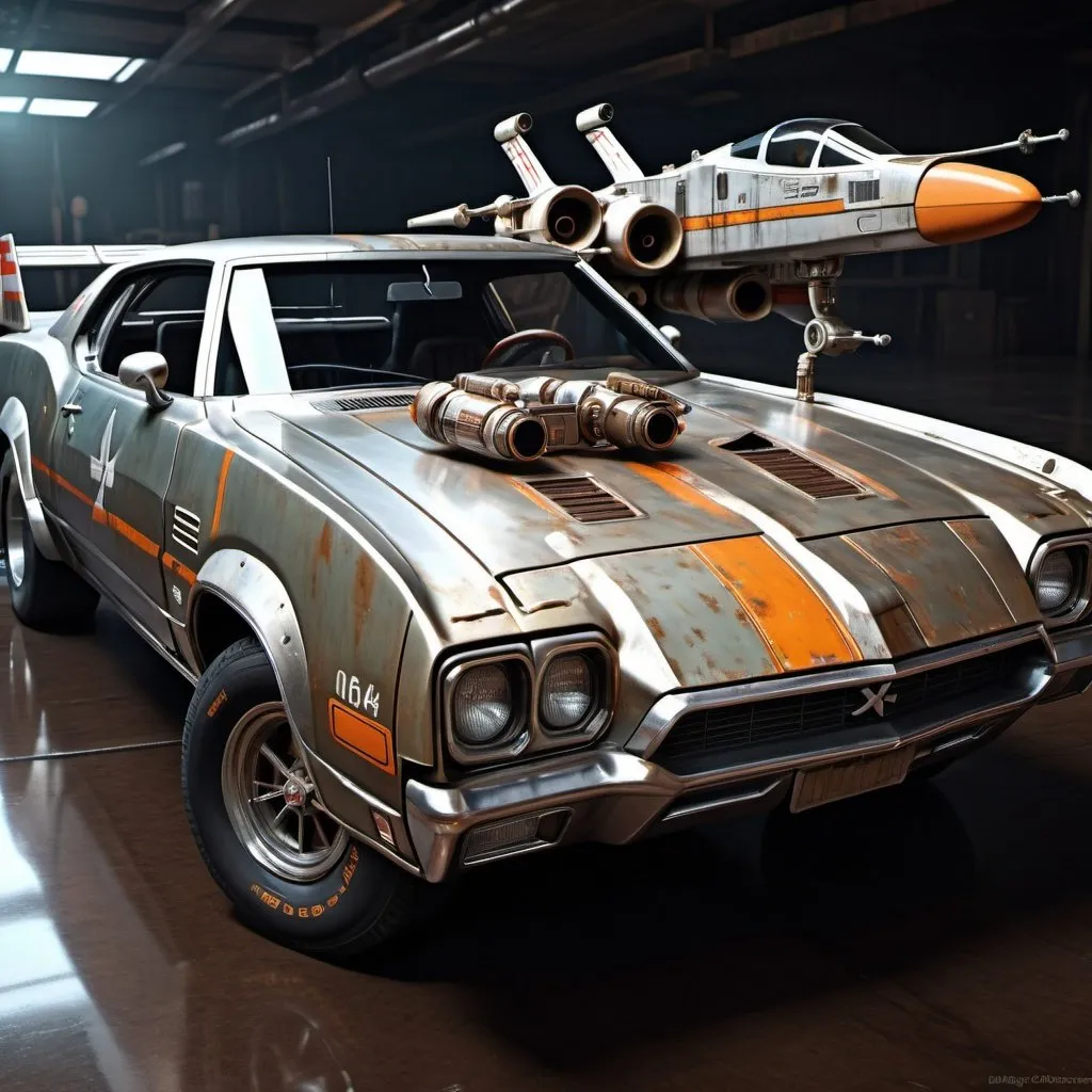 Prompt: X-Wing Starfighter merged with 1970 Oldsmobile 442, realistic digital rendering, metallic sheen, rusty accents, high-detailed, sci-fi, retro-futuristic, intense lighting, sleek design, futuristic technology, aged appearance, professional quality, metallic tones, dynamic composition, dramatic lighting