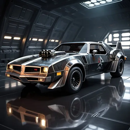 Prompt: TIE Fighter merged with 1979 Pontiac Trans Am, realistic digital rendering, metallic sheen, high-detailed, sci-fi, retro-futuristic, intense lighting, sleek design, futuristic technology, aged appearance, professional quality, metallic tones, dynamic composition, dramatic lighting
