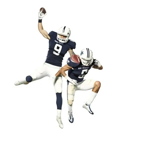 Prompt: football players jumping wearing navy and white