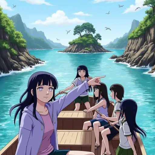 Prompt: @wb9dphGK4BVxtD0NKrrJ meets the famous five and they row to Kirrin island. 