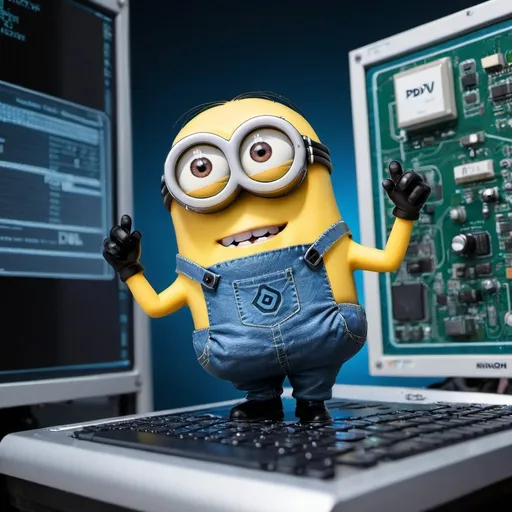 Prompt: minion that holds "PDV" world up , with electronic lab background