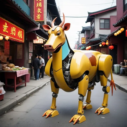 Prompt: cow chicken hybrid animal robot cyborg stir fry china town