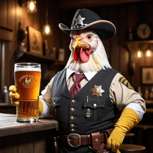 Prompt: a chicken sheriff with a pistol and a pint of whiskey