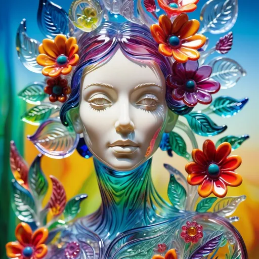 Prompt: Detailed, vibrant glass sculpture of a woman, transparent, intricate floral details, surreal, colorful background, high quality, surrealism, transparent glass, vibrant colors, intricate details, floral elements, colorful background, detailed sculpture