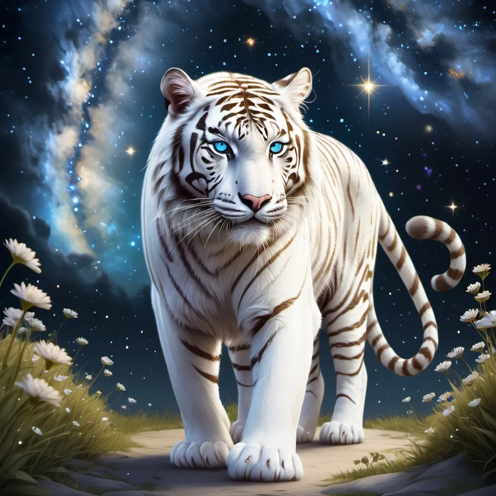 Prompt: A majestic white tiger walking gracefully through a starry night sky, silver fur with glowing stardust effects, deep blue eyes glowing softly, strong and confident posture. Background features a galaxy and Milky Way, shooting stars, and a dreamy atmosphere. A golden path under the tiger's feet, four-leaf clovers scattered around, shining stars and constellations, soft glowing light effects. Highly detailed, realistic fur, fantasy art style, cosmic and celestial theme, cool color palette: white, silver, blue, gold. High-quality, 4K resolution, symmetrical composition, lucky and mystical vibes.