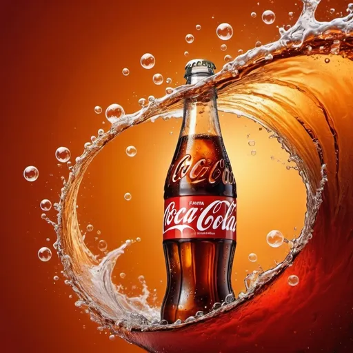 Prompt: vertical coca cola wave with bubbles in red orange brown and yellow foam in 9800 x 1024 pixel with fanta logo. die ganze welle und flasche sichtbar auf einem bild

