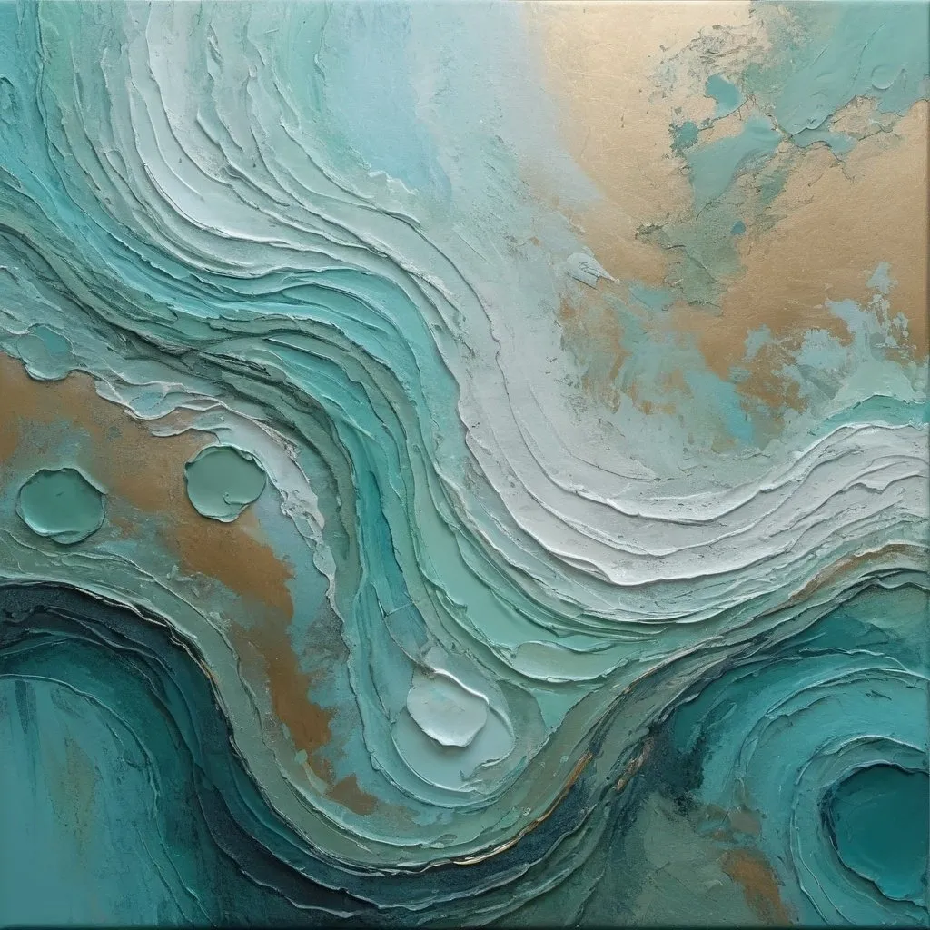 Prompt: tidal textured art look in shades of sea green, sky blue and shine