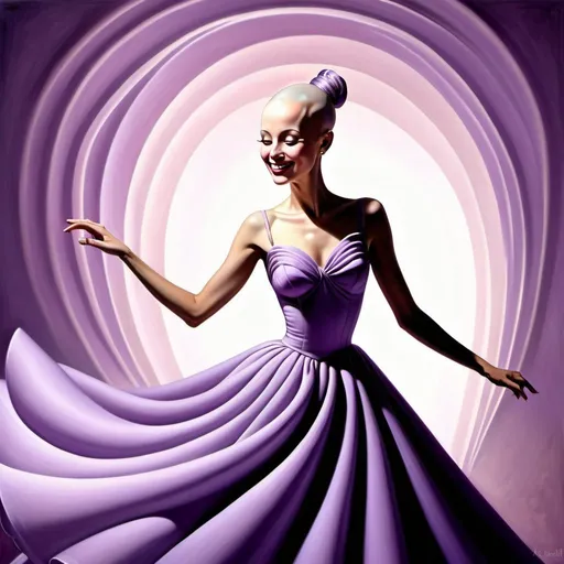 Prompt: Surrealism depiction of a graceful bald lady in a lavendar princess gown, twirling with a radiant smile, big expressive eyelashes, beautiful wheatish skin, natural beauty with no makeup, elegant wrinkles, unpainted nails, surreal, lavendar, graceful twirl, radiant smile, expressive eyelashes, natural beauty, elegant wrinkles, unpainted nails, high quality, detailed surrealism, dreamlike lighting
