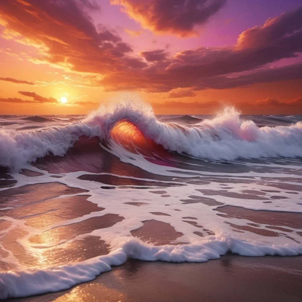 Prompt: A canvas art with waves of water during sunset