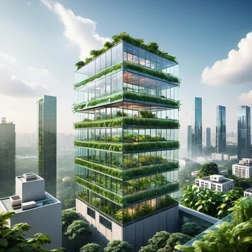 Prompt: Skyscraper with garden walls and glass house on top, urban greenery, modern architecture, panoramic city view, glass and steel construction, high quality, architectural rendering, natural lighting, lush greenery, contemporary design, cityscape, detailed textures